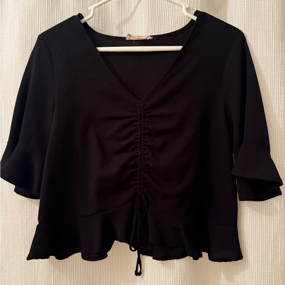Black Tie Up Ruffle Blouse - Elodie